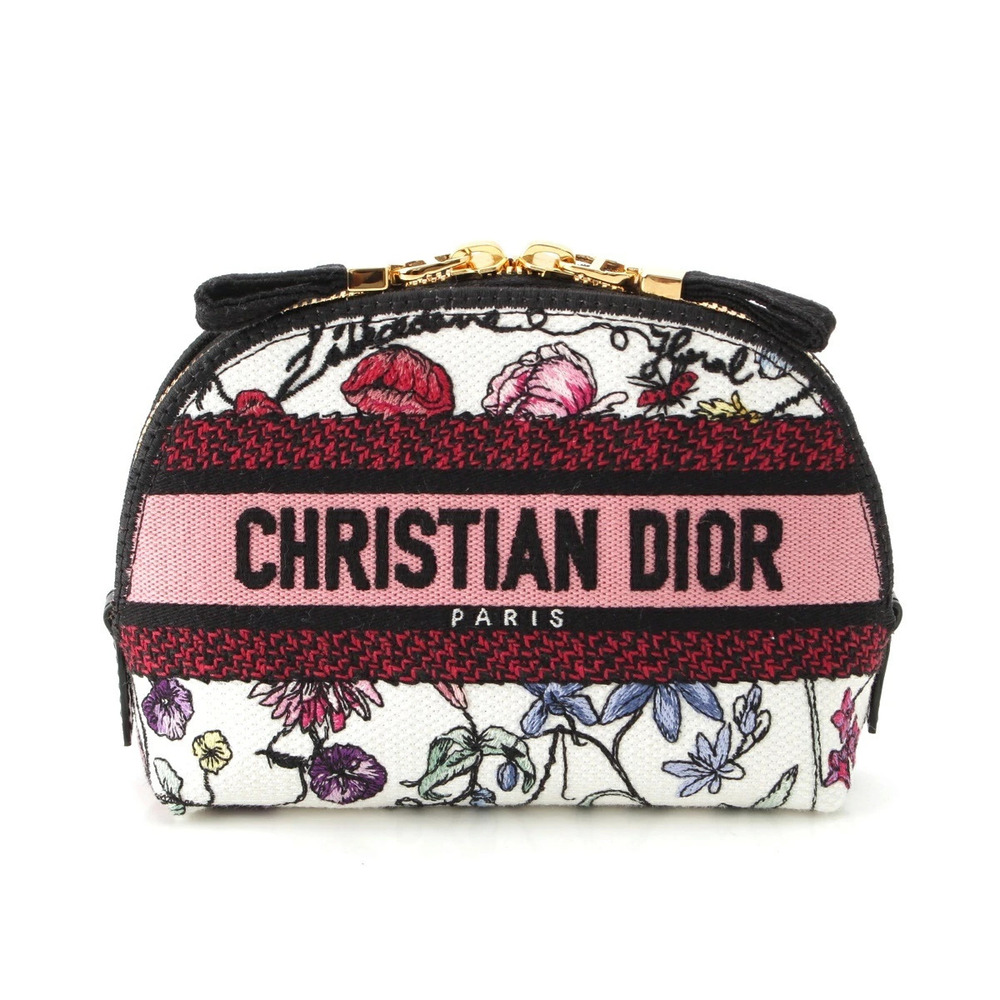 Christian Dior Canvas Embroidered Flower Cosmetic Pouch Clutch White x Pink